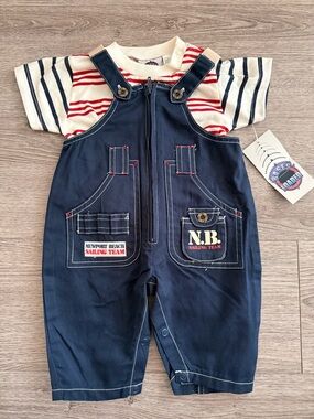 Vintage baby Navy Sailing Overalls with Striped Tee size 6-9 month